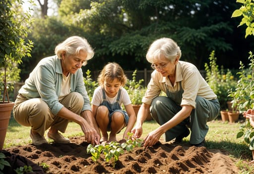 AI generated of two older women and a little girl are planting plants in the garden