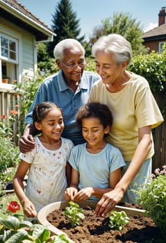 AI generated of grandparent and grandchildren are planting flowers in a garden