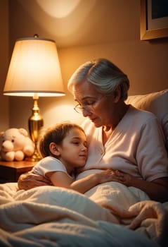 AI generated of grandmother and grandson sleeping in bed with a lamp behind her