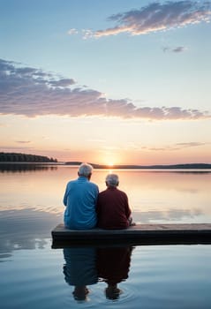 AI generated of grandfather and grandson sitting on dock at sunset