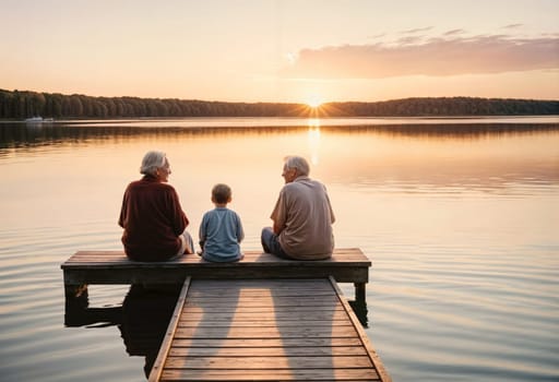 AI generated of an elderly couple and their grandson sitting on a dock at sunset