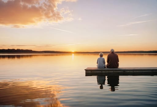 AI generated of an elderly couple sitting on a dock at sunset