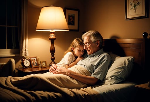 AI generated of an older man and a little girl laying in bed with a lamp on the nightstand