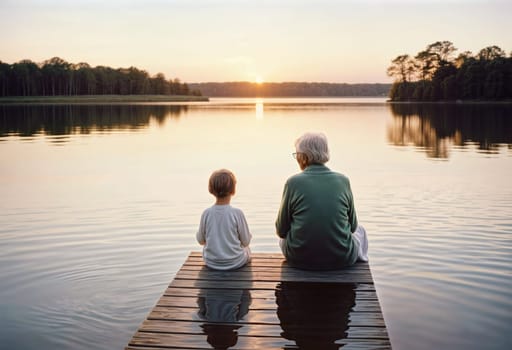AI generated of grandfather and grandson sitting on dock with a lake at sunset in the background