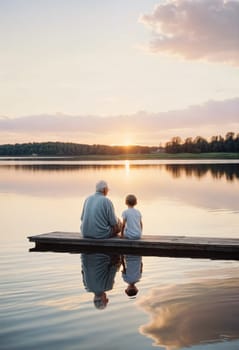 AI generated of an elderly man and his grandson sitting on a dock at sunset