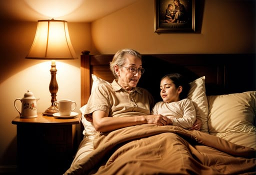 AI generated of an elderly woman and a young girl are sitting in bed with the picture on the wall behind them