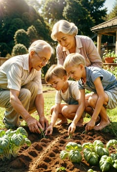 AI generated of grandparent and grandchildren are planting vegetables in the garden