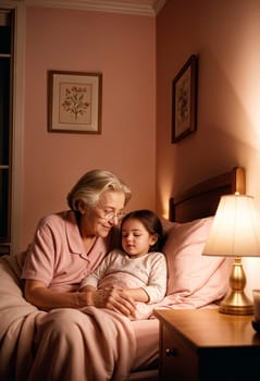 AI generated of grandmother and grandchildren laying in bed with the picture is on the wall