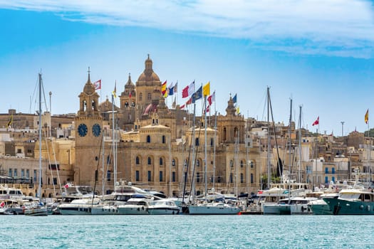 Medieval Malta: Birgu and Vittoriosa skyline, Malta, features iconic churches, historic buildings and narrow streets in Malta. Cultural heritage of Malta