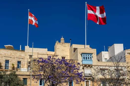 Medieval Malta: Birgu's skyline features iconic historic Birgu buildings decorated with Maltese flags. Cultural heritage of Malta