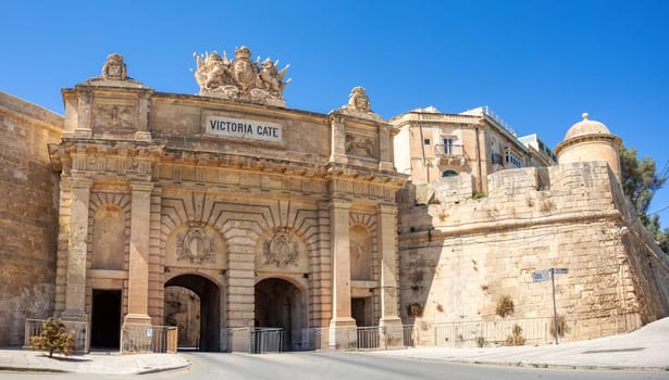 Victoria gate and city fortification. Beautiful view of entrance of ancient city Valletta, Malta. The capital of the Republic of Malta. Cultural heritage of Malta