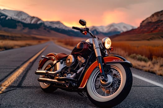 A retro motorcycle on the road with mountains and a sunrise in the background. AI generated