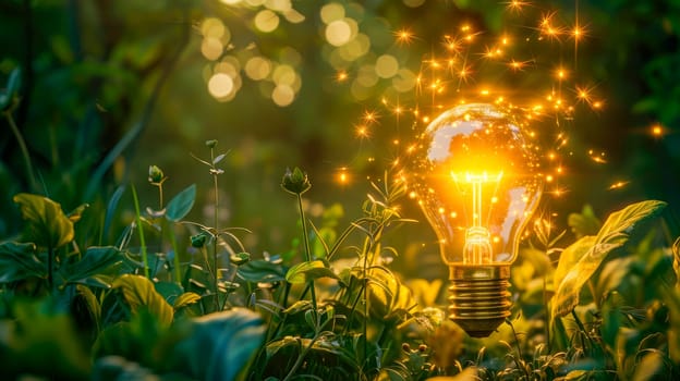 Glowing light bulb in a forest. Green energy, renewable, sustainable energy sources. Environmental protection. AI generated