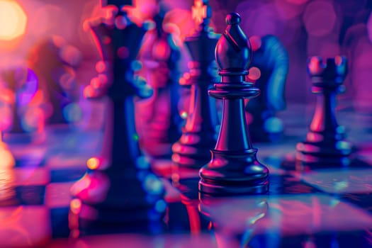 Close-up view of chess on chessboard.Business strategy concept. AI generated