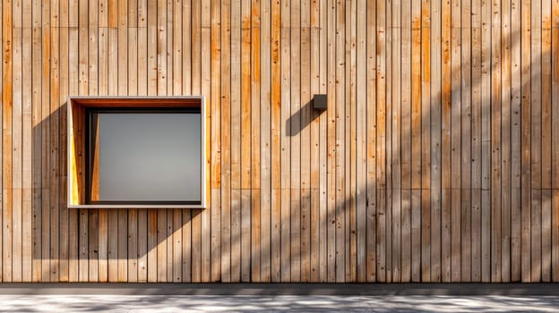 Small window frame in a wooden house wall, exterior background. AI generated
