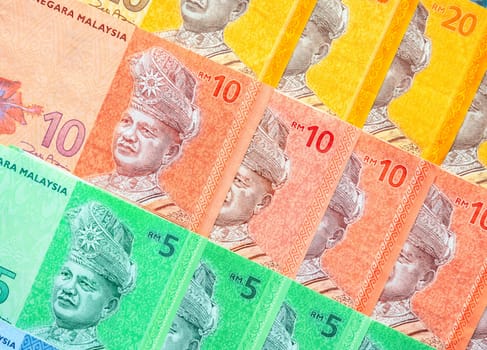 Malaysia currency of Malaysian ringgit banknotes background. Paper money of five, ten and twenty ringgit notes. Financial concept.