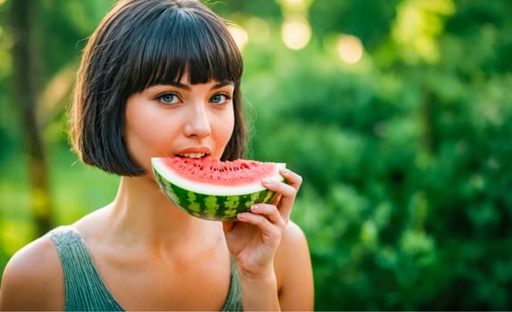 A young woman with a bob haircut is enjoying a slice of watermelon in a green outdoor setting, showcasing a fresh and healthy summer lifestyle