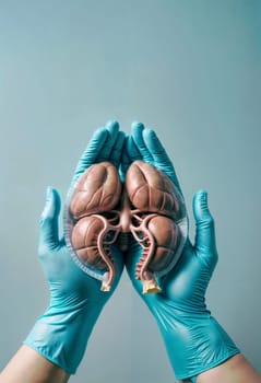 AI generated of hands in blue gloves holding a model of a human liver