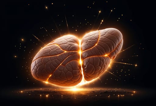 AI generated of an image of a human liver with glowing light trails and sparkles on a dark background