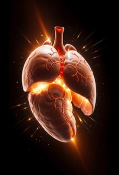 AI generated of human heart with glowing light and sparkles on black background