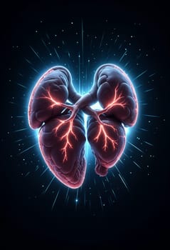 AI generated of the human heart with glowing veins on it in a dark background with glowing light trails and sparkles