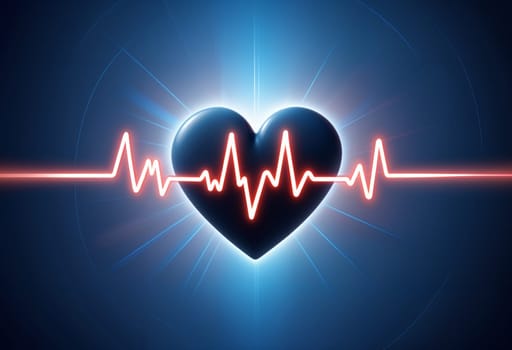 AI generated of heartbeat line with a dark blue heart on dark blue background and blue shine behind it