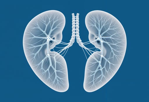 AI generated of a blue illustration of a human heart with the organs labeled in white