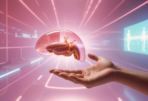 AI generated of a person holding a human liver in their hand againts technology background