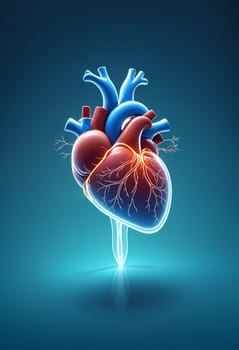 AI generated of an illustration of a human heart with vascular details on a blue background