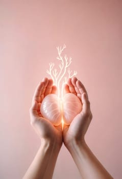 AI generated of two hands holding a heart with a tree inside