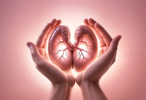 AI generated of hands holding a glowing heart in front of a pink background