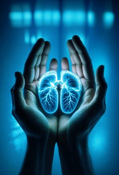 AI generated of hands holding a glowing heart in front of a blue background