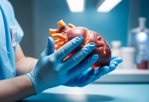 AI generated of a person in blue gloves holding a model of a human heart