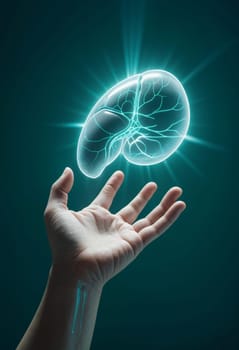 AI generated of a hand holding a glowing liver on a dark background
