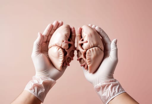 AI generated of a pair of doctor hands with gloves holding a human heart