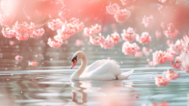 Graceful swan swimming in a lake surrounded by blooming pink  flowers. AI generated