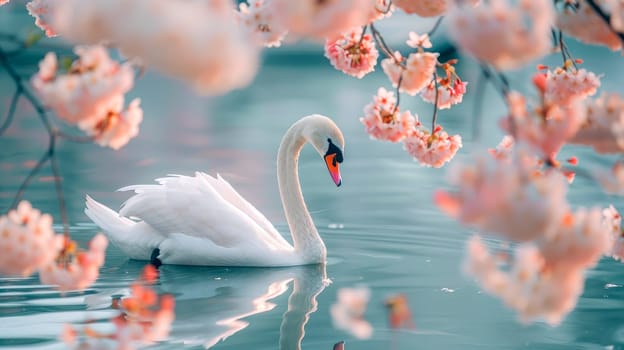 Graceful swan swimming in a lake surrounded by blossoming pink  flowers. AI generated