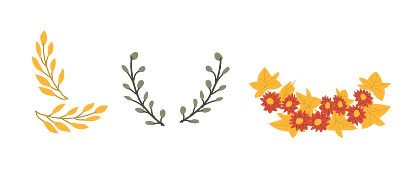 Autumn fall thanksgiving leaves composition for decoration, holiday greeting cards elements with mushroom and flowers