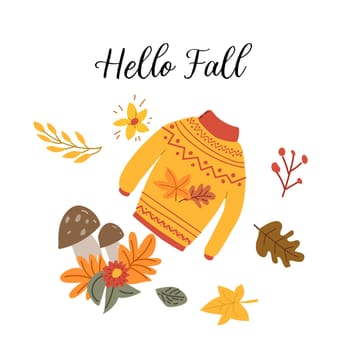 Hello Autumn fall greeting banner with foliage forest leaves. Welcome autumn banner. Invitation to new harvest season. Template for poster design, prints, flyers. Vector illustration.