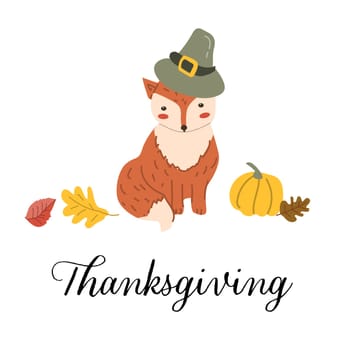 Autumn fall thanksgiving animal character fox with fall leaves and harvest. Wild animal greeting card for thanksgiving holiday, autumn festival, harvest celebration design.