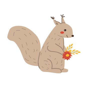 Autumn fall thanksgiving animal character with fall leaves and harvest. Wild animal greeting card for thanksgiving holiday, autumn festival, harvest celebration design.