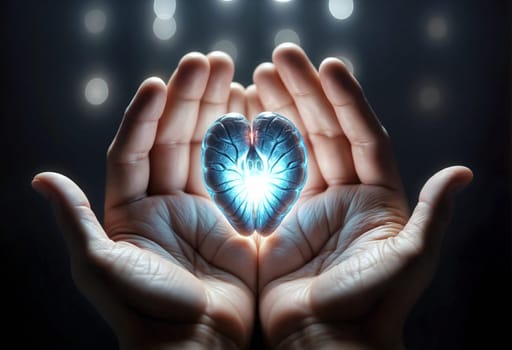AI generated of hands holding a glowing heart with light coming from it