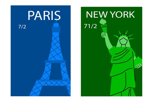 Travel destinations Paris and New York posters set with famous outside elements.