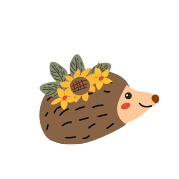 Autumn fall thanksgiving animal character hedgehog with fall leaves and harvest. Wild animal greeting card for thanksgiving holiday, autumn festival, harvest celebration design.