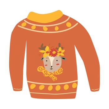 autumn fall sweater with leaves deer animal, hand drawn vector illustration for greeting card, invitations, stickers. Autumn wheater for banner or poster. Deer with wreath. Thanksgiving cloth isolated.