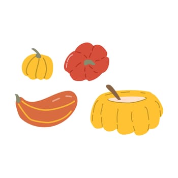 Autumn fall thanksgiving elements set with harvest icons. Collection of fall vegetable pumkin. Hand drawn autumn food vector illustration