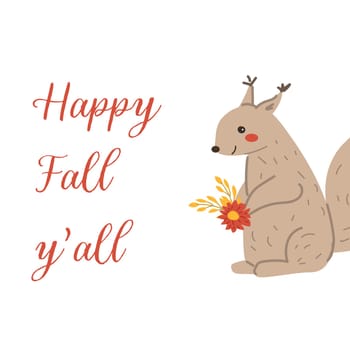 Autumn fall thanksgiving animal character with fall leaves and harvest. Wild animal greeting card for thanksgiving holiday, autumn festival, harvest celebration design.