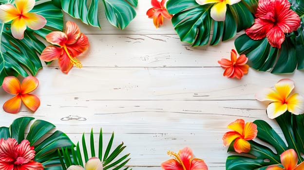 Summer background with tropical flowers and  tropical plants on white wood background. Copy space.AI generated