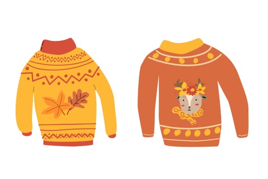 autumn fall sweaters with leaves set, hand drawn vector illustration for greeting card, invitations, stickers. Autumn wheater for banner or poster. Deer with wreath. Thanksgiving cloth isolated.