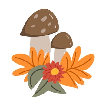 Autumn fall thanksgiving leaves composition for decoration, holiday greeting cards elements with mushroom and flowers